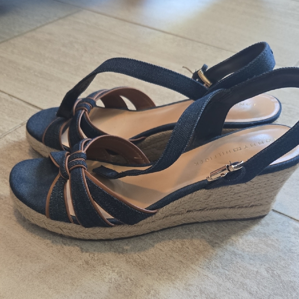 Tommy Hilfiger Denim and Tan Wedge Sandals